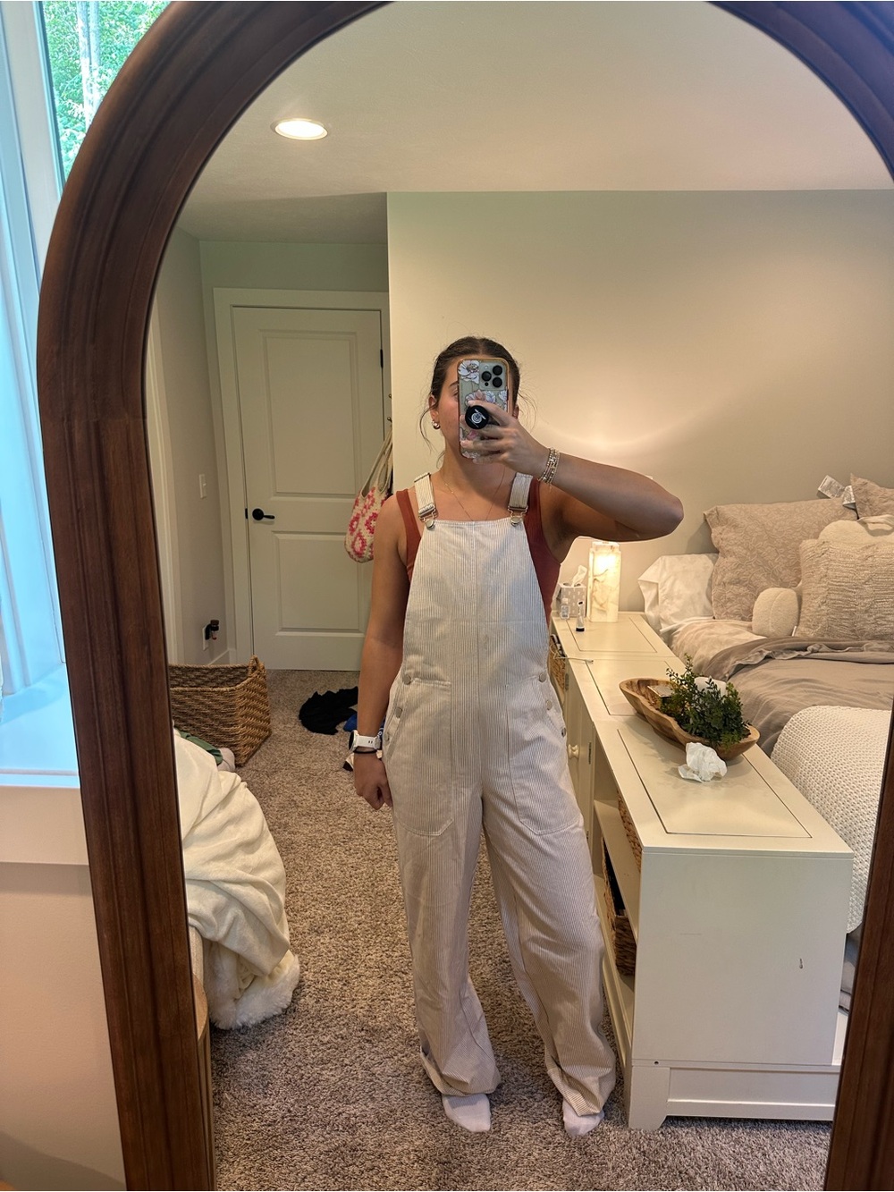 cream pinstripe overalls